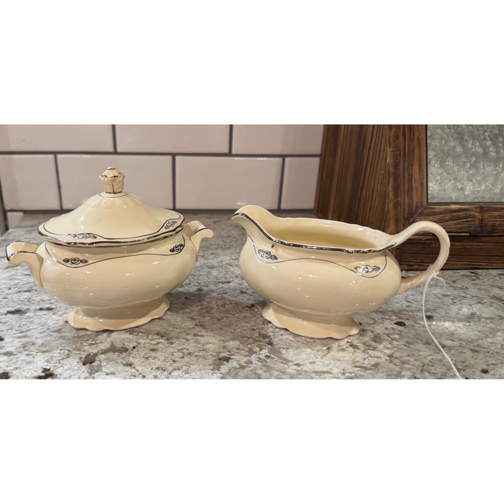 Homer Laughlin Virginia Rose Platinum Patrician Cream and Sugar Set 1950 USA